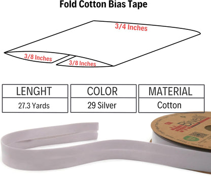 Cotton Fold Bias Tape - 3/4 Inches (20mm) Wide - 27 Yards - 65+ Colors - Single Fold Cotton Fold Bias Binding Tape for Sewing Clothing DIY (29. Silver) D29