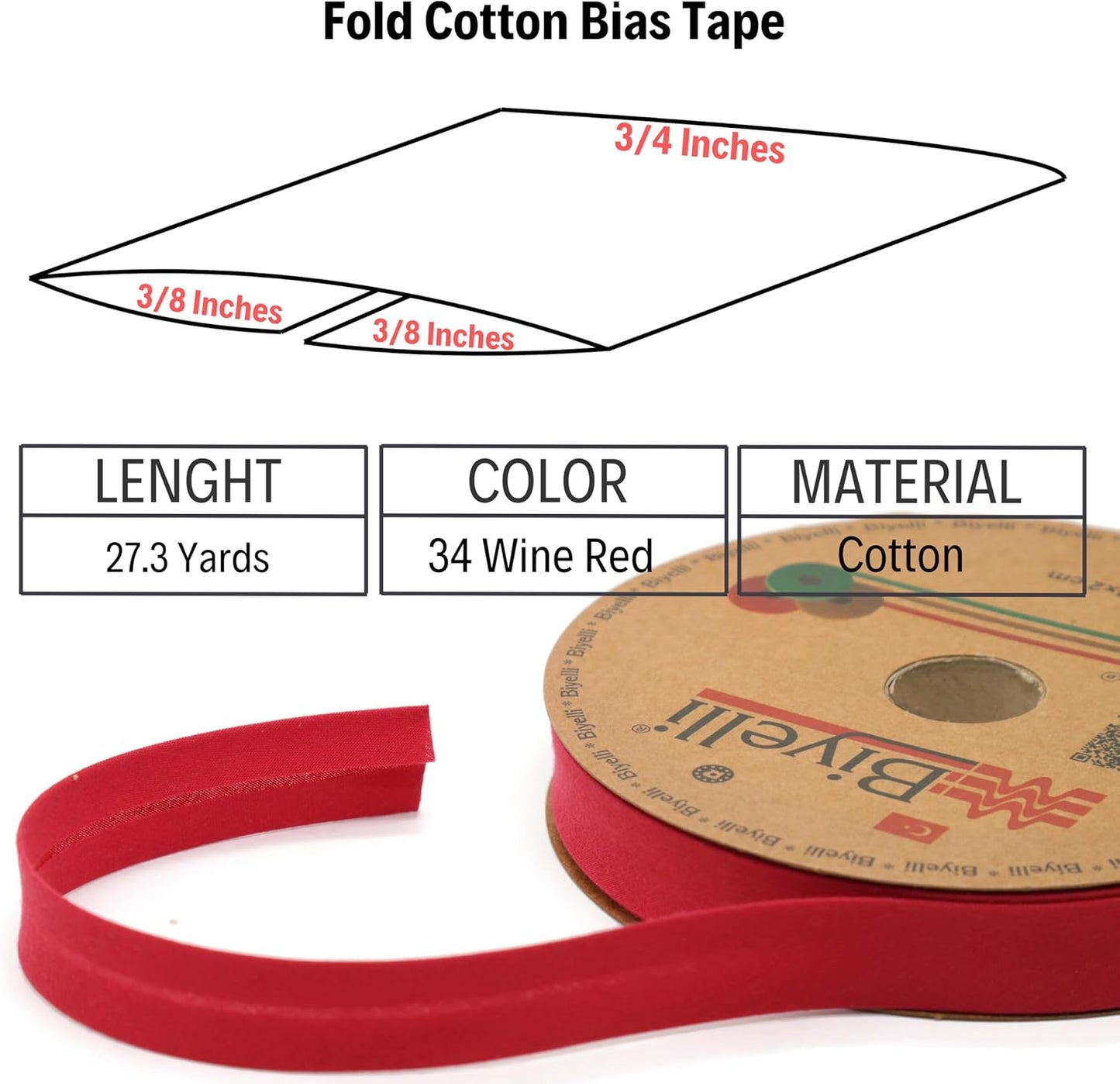 Cotton Fold Bias Tape - 3/4 Inches (20mm) Wide - 27 Yards - 65+ Colors - Single Fold Cotton Fold Bias Binding Tape for Sewing Clothing DIY (34. Wine Red) D34