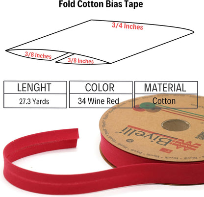 Cotton Fold Bias Tape - 3/4 Inches (20mm) Wide - 27 Yards - 65+ Colors - Single Fold Cotton Fold Bias Binding Tape for Sewing Clothing DIY (34. Wine Red) D34