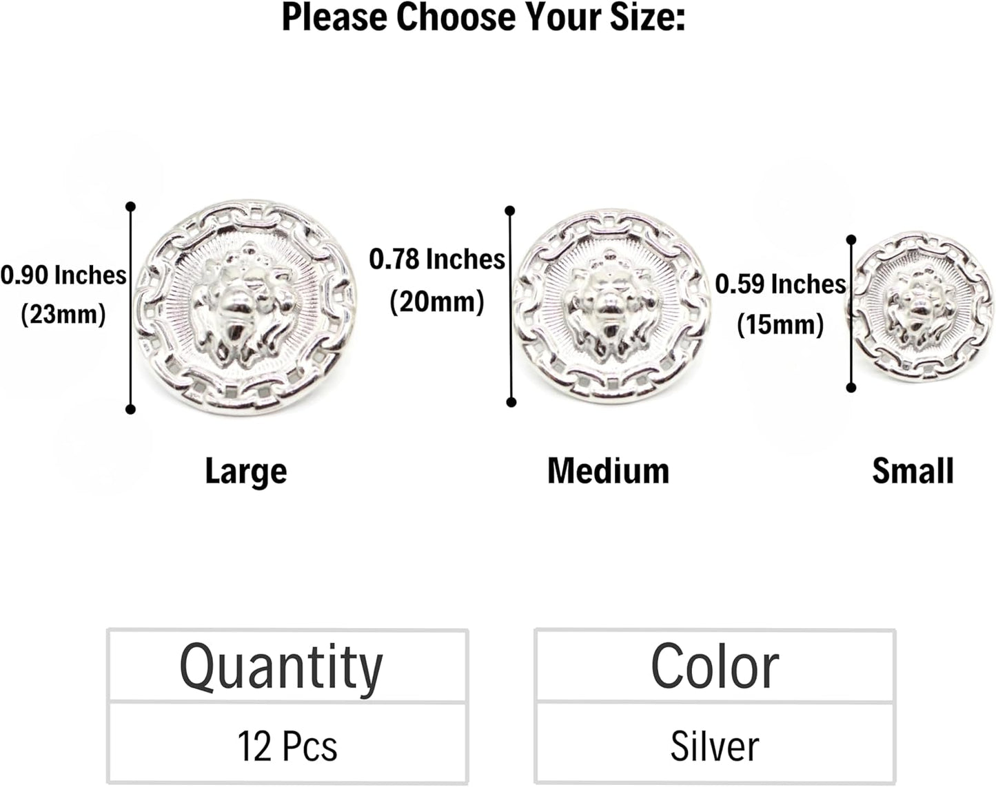 Silver Metal Shank Buttons - 12 Pcs - 3 Size Options - Lion Round Metal Shank Buttons for Men Women Blazer Coat Uniform Shirt Suit and Jacket Sewing Craft DIY N2002