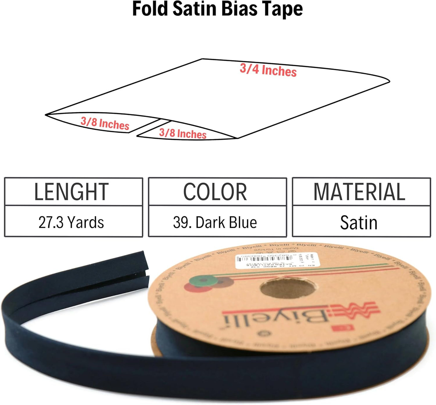 Fold Satin Bias Tape - 99+ Colors - 3/4 Inches Wide - 27 Yards - Fold Satin Binding Bias Ribbon Fabric Piping Bias Binding Tape for Sewing Clothing DIY Dark Blue BYS39