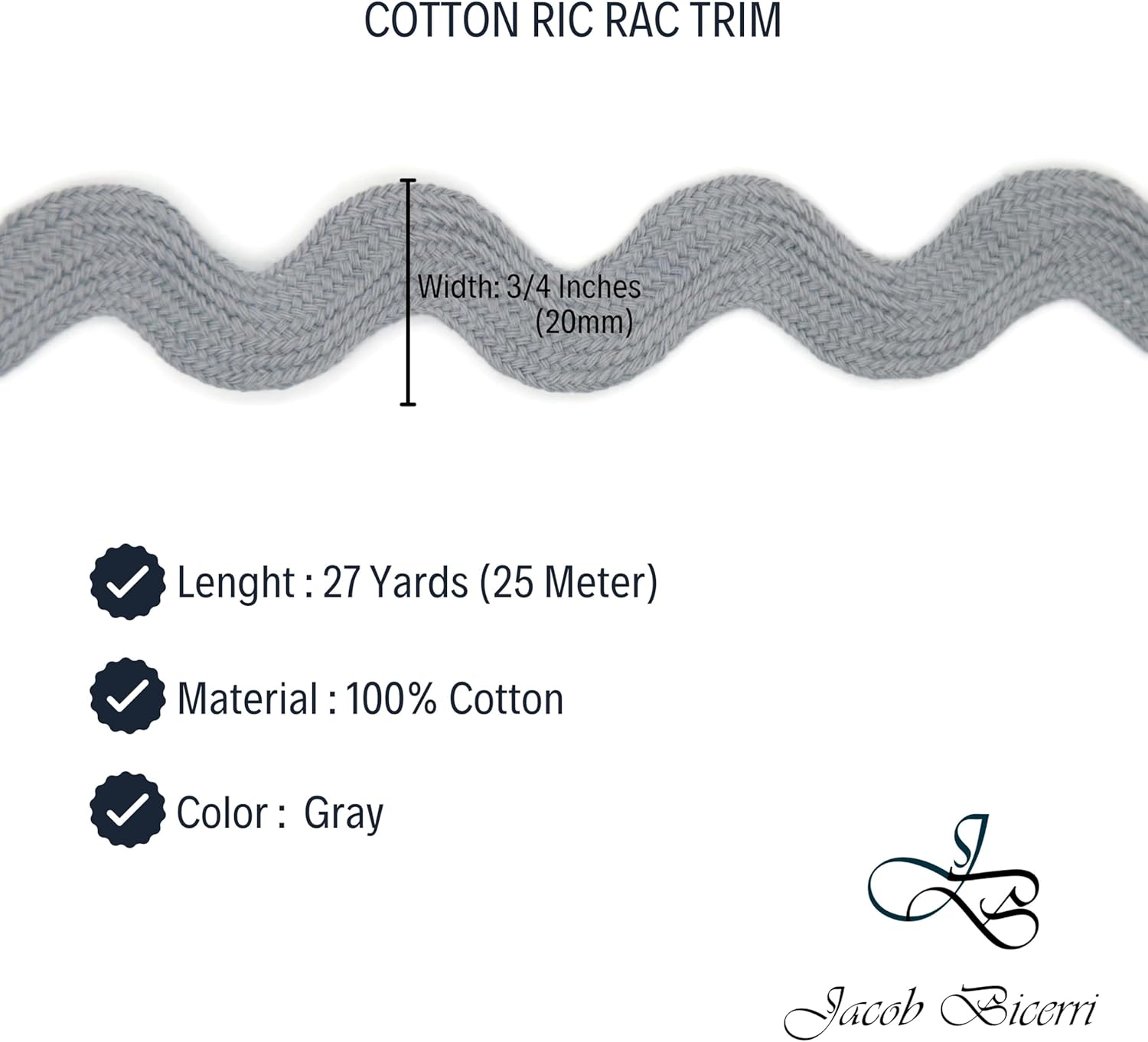 Cotton RIC Rac Trim - 3/4 Inch - 27 Yards - Wave Bending Fringe Trim Cotton Lace Ribbon RIC Rac Trim for Sewing Clothes Gift Wrapping Home Party Decoration CTR0212, Gray