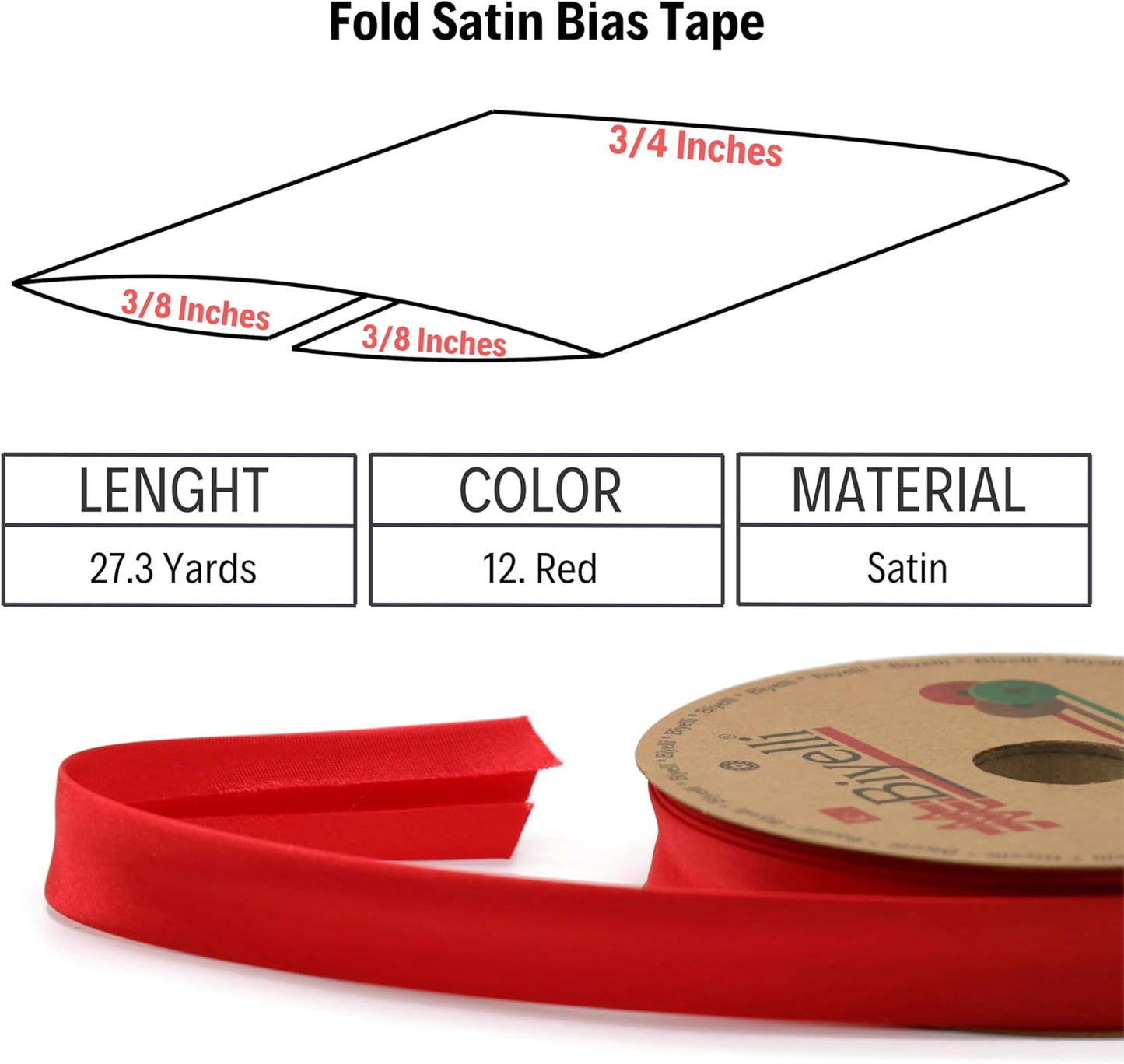 Fold Satin Bias Tape - 99+ Colors - 3/4 Inches Wide - 27 Yards - Fold Satin Binding Bias Ribbon Fabric Piping Bias Binding Tape for Sewing Clothing DIY (12. Red) BYS12