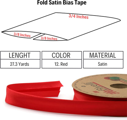 Fold Satin Bias Tape - 99+ Colors - 3/4 Inches Wide - 27 Yards - Fold Satin Binding Bias Ribbon Fabric Piping Bias Binding Tape for Sewing Clothing DIY (12. Red) BYS12