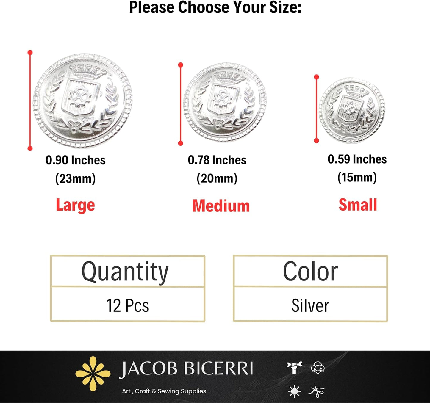 Silver Metal Shank Buttons - 12 Pcs - 3 Size Options - Kingdom Crown Round Metal Shank Buttons for Men Women Blazer Coat Uniform Shirt Suit and Jacket Sewing Craft DIY N7901