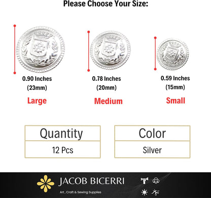 Silver Metal Shank Buttons - 12 Pcs - 3 Size Options - Kingdom Crown Round Metal Shank Buttons for Men Women Blazer Coat Uniform Shirt Suit and Jacket Sewing Craft DIY N7901
