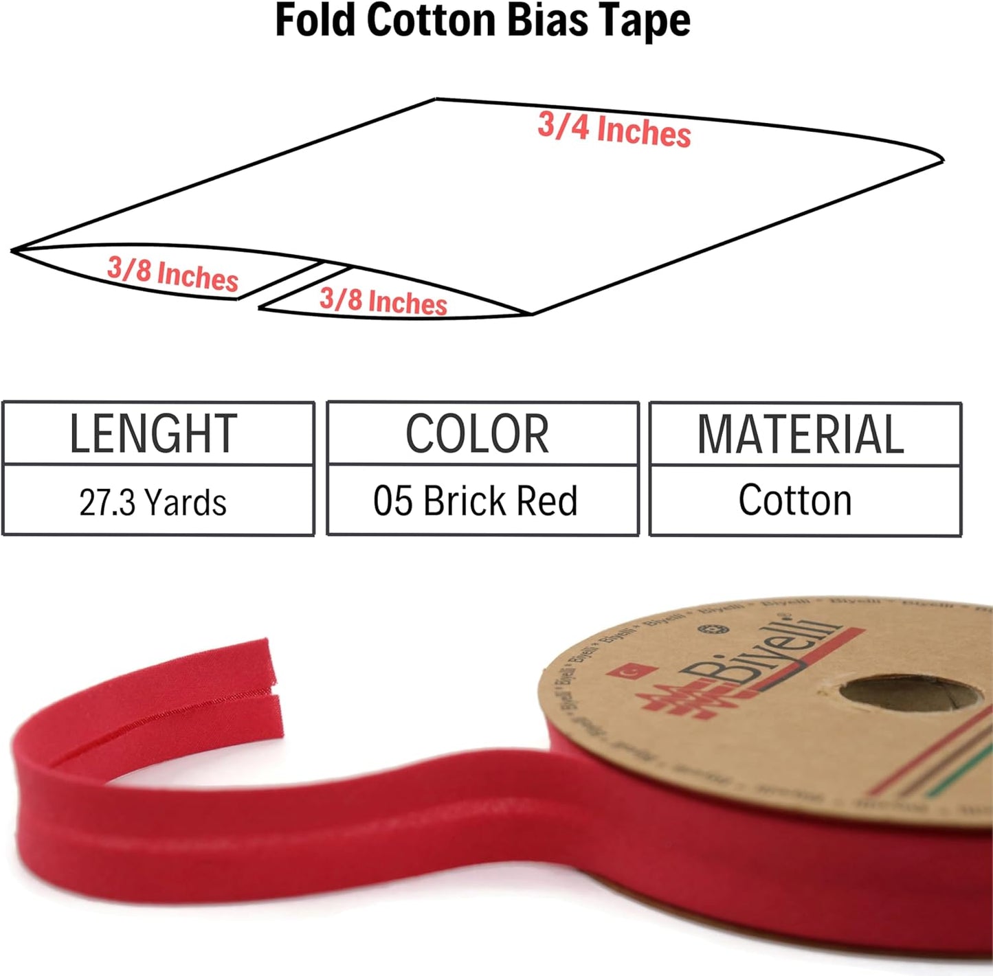Cotton Fold Bias Tape - 3/4 Inches (20mm) Wide - 27 Yards - 65+ Colors - Single Fold Cotton Fold Bias Binding Tape for Sewing Clothing DIY (05. Brick Red) D05