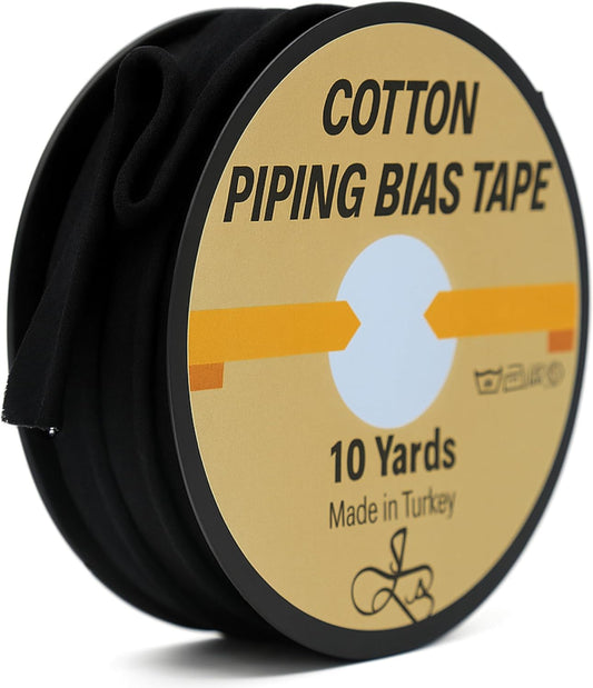 Piping Trim Bias Tape with Cord - 10 Yards - 65+ Colors - 1/2 Inch Decorative Sewing Trim for Upholstery Cushions Home Décor Crafting Clothing - Durable Cotton - Black ID12