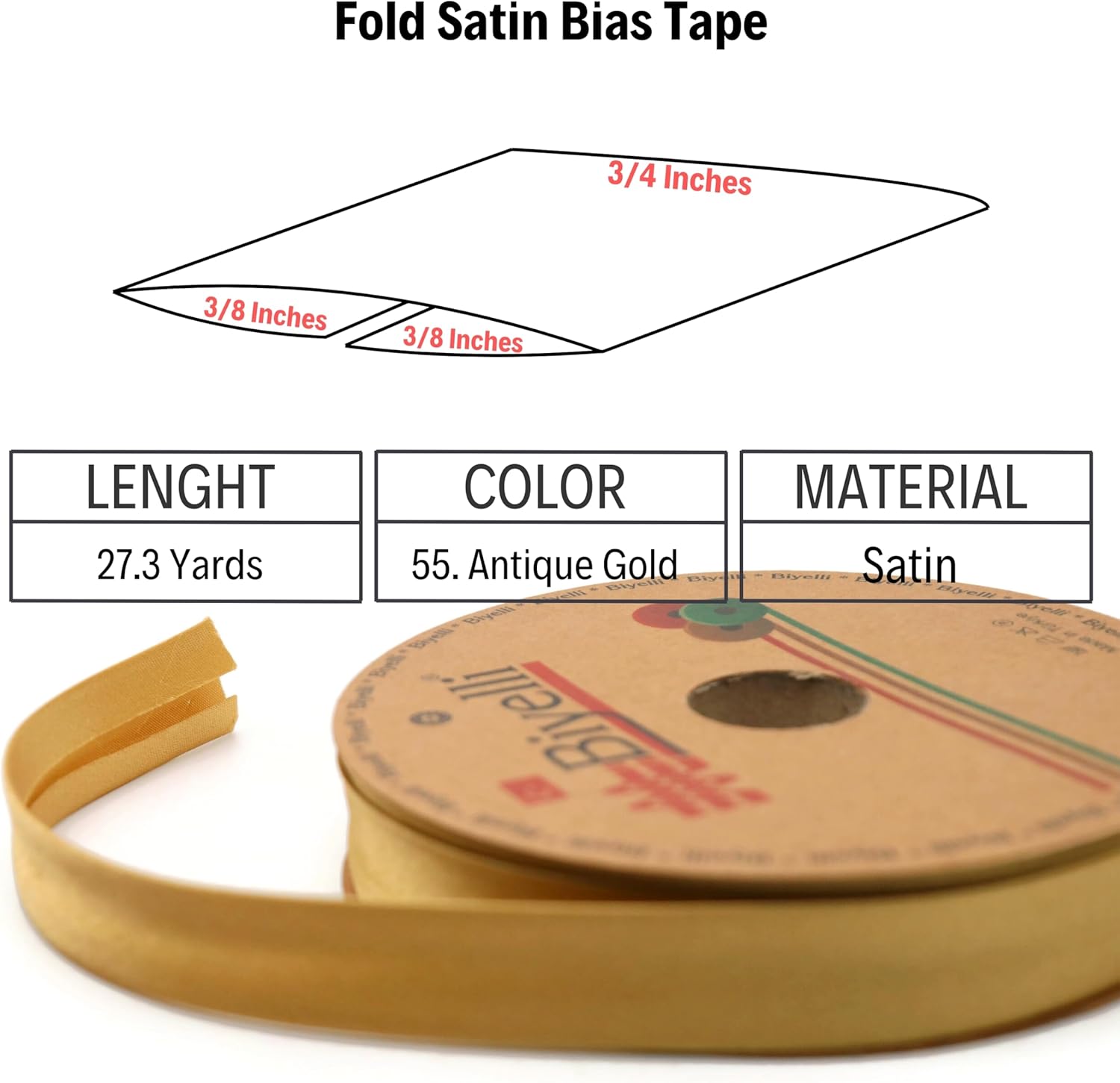 Fold Satin Bias Tape - 99+ Colors - 3/4 Inches Wide - 27 Yards - Fold Satin Binding Bias Ribbon Fabric Piping Bias Binding Tape for Sewing Clothing DIY (55. Antique Gold) BYS55
