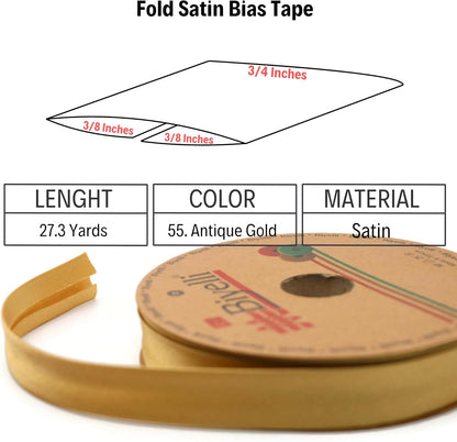Fold Satin Bias Tape - 99+ Colors - 3/4 Inches Wide - 27 Yards - Fold Satin Binding Bias Ribbon Fabric Piping Bias Binding Tape for Sewing Clothing DIY (55. Antique Gold) BYS55