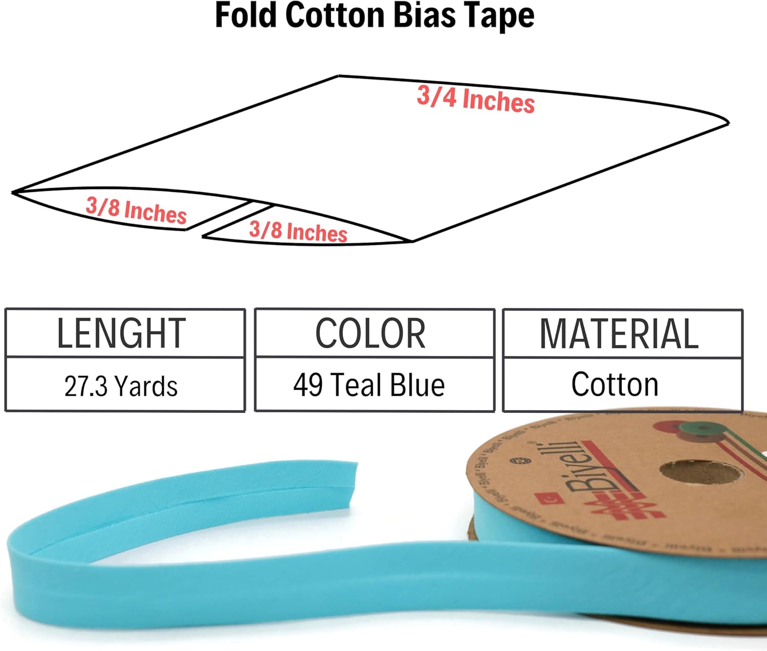 Cotton Fold Bias Tape - 3/4 Inches (20mm) Wide - 27 Yards - 65+ Colors - Single Fold Cotton Fold Bias Binding Tape for Sewing Clothing DIY (49. Teal Blue) D49