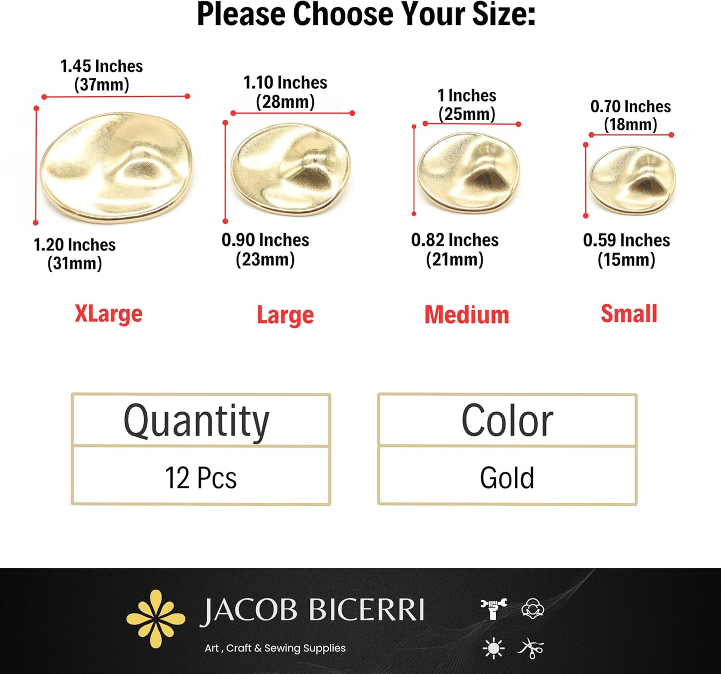 Gold Metal Shank Buttons - 12 Pcs - 4 Size Options - Luxury Wrinkle Irreguler Wave Metal Shank Buttons for Men Women Blazer Coat Uniform Shirt Suit and Jacket Sewing Craft DIY G2232