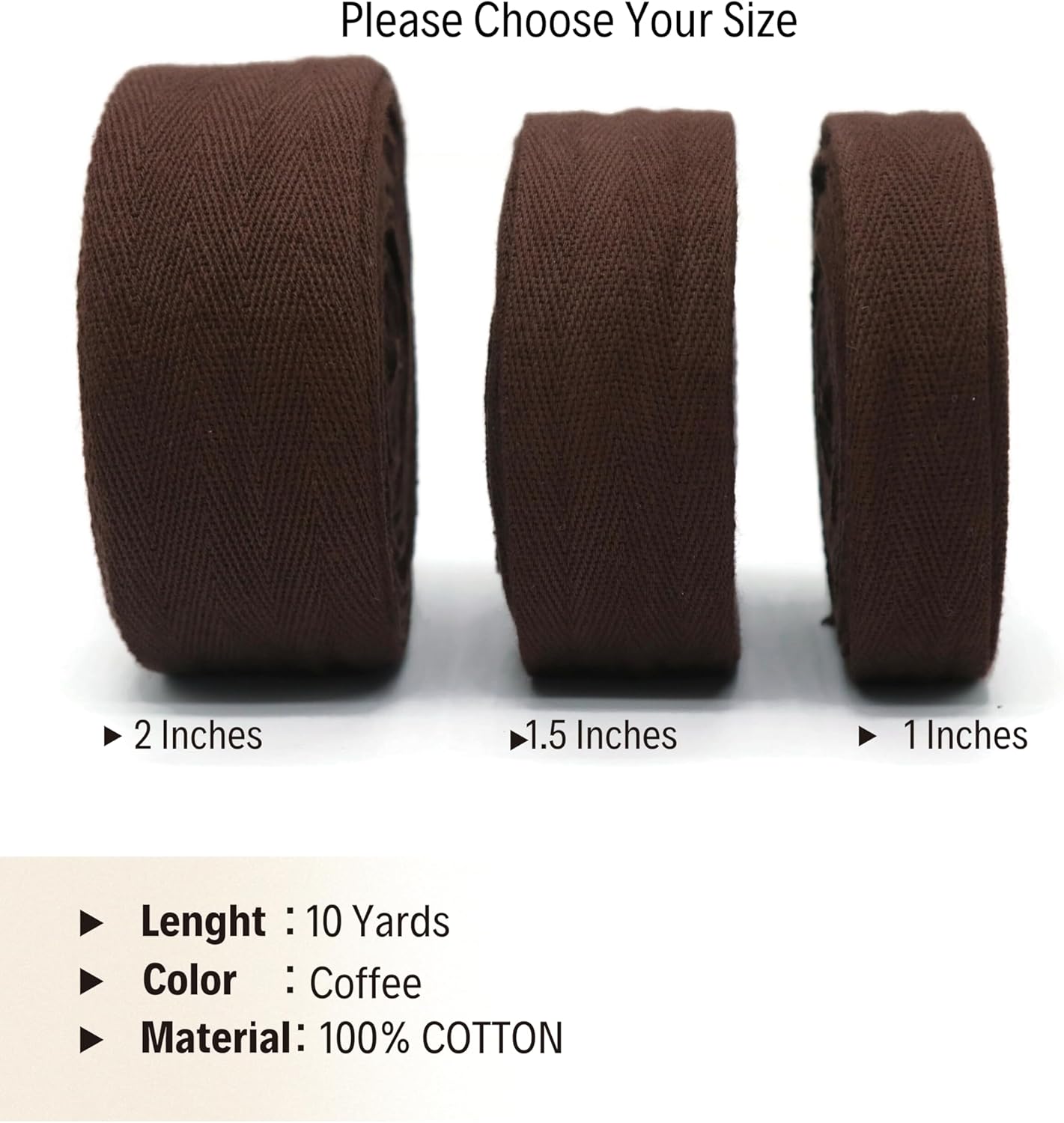 Cotton Twill Tape 1" & 1.5" & 2" - 10 Yards - 50+ Colors -%100 Natural Cotton 1 Inch 1.5 Inch 2 Inch Herringbone Bias Binding Cotton Tape Trim for Sewing Wrapping Craft DIY (Coffee) 10504