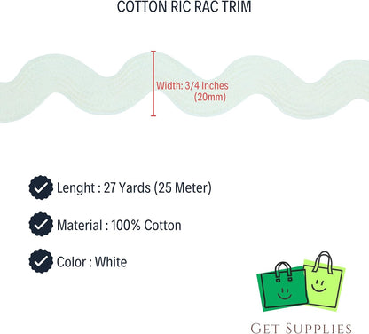 Cotton RIC Rac Trim - 3/4 Inch - 5 Yards - White Wave Bending Fringe Lace Ribbon for Sewing Clothes, Gift Wrapping, Home Party Decoration CTR02155