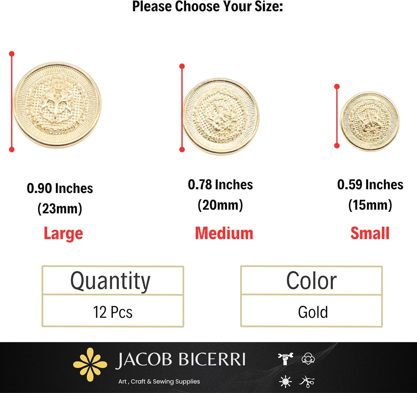 Gold Metal Shank Buttons - 12 Pcs - 3 Size Options - Twin Lion of Kingdom Round Metal Shank Buttons for Men Women Blazer Coat Uniform Shirt Suit and Jacket Sewing Craft DIY N4603