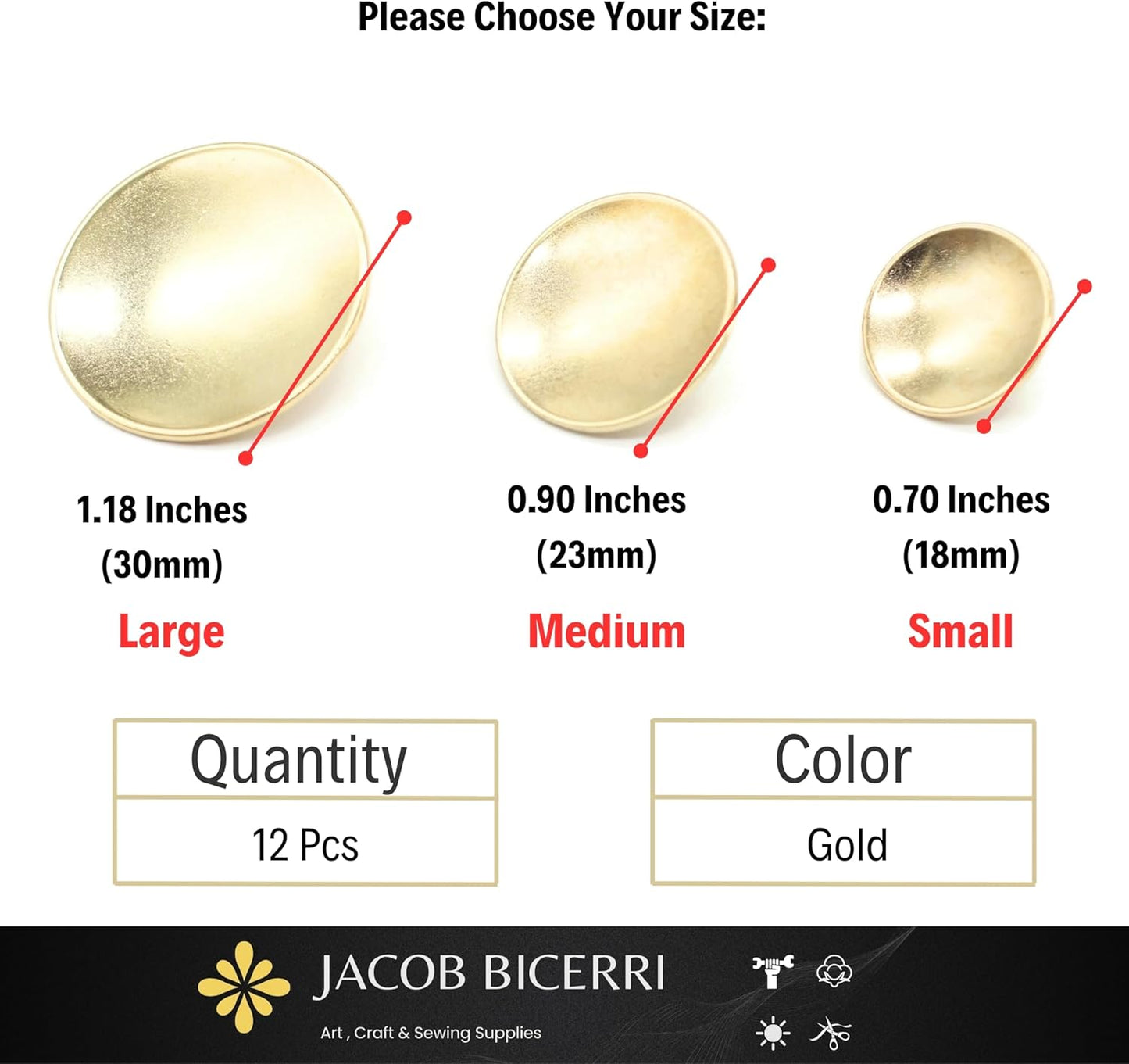 Gold Metal Shank Buttons - 12 Pcs - 3 Size Options - Curved Oval Round Metal Shank Buttons for Men Women Blazer Coat Uniform Shirt Suit and Jacket Sewing Craft DIY N5302