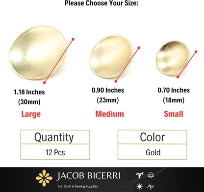 Gold Metal Shank Buttons - 12 Pcs - 3 Size Options - Curved Oval Round Metal Shank Buttons for Men Women Blazer Coat Uniform Shirt Suit and Jacket Sewing Craft DIY N5302