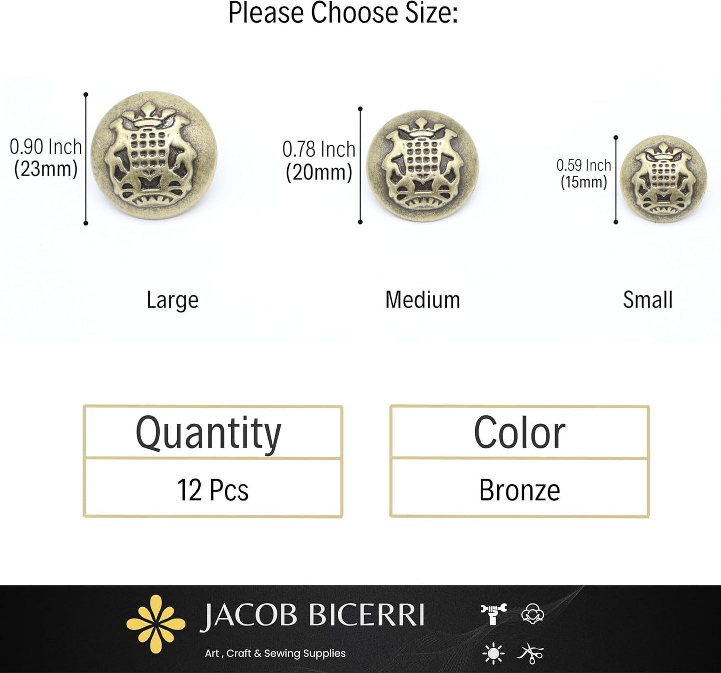 Bronze Metal Shank Buttons - 12 Pcs - 3 Size Options - Crown Floral Round Metal Shank Buttons for Men Women Blazer Coat Uniform Shirt Suit and Jacket Sewing Craft DIY N17003