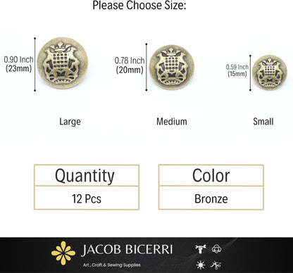 Bronze Metal Shank Buttons - 12 Pcs - 3 Size Options - Crown Floral Round Metal Shank Buttons for Men Women Blazer Coat Uniform Shirt Suit and Jacket Sewing Craft DIY N17003
