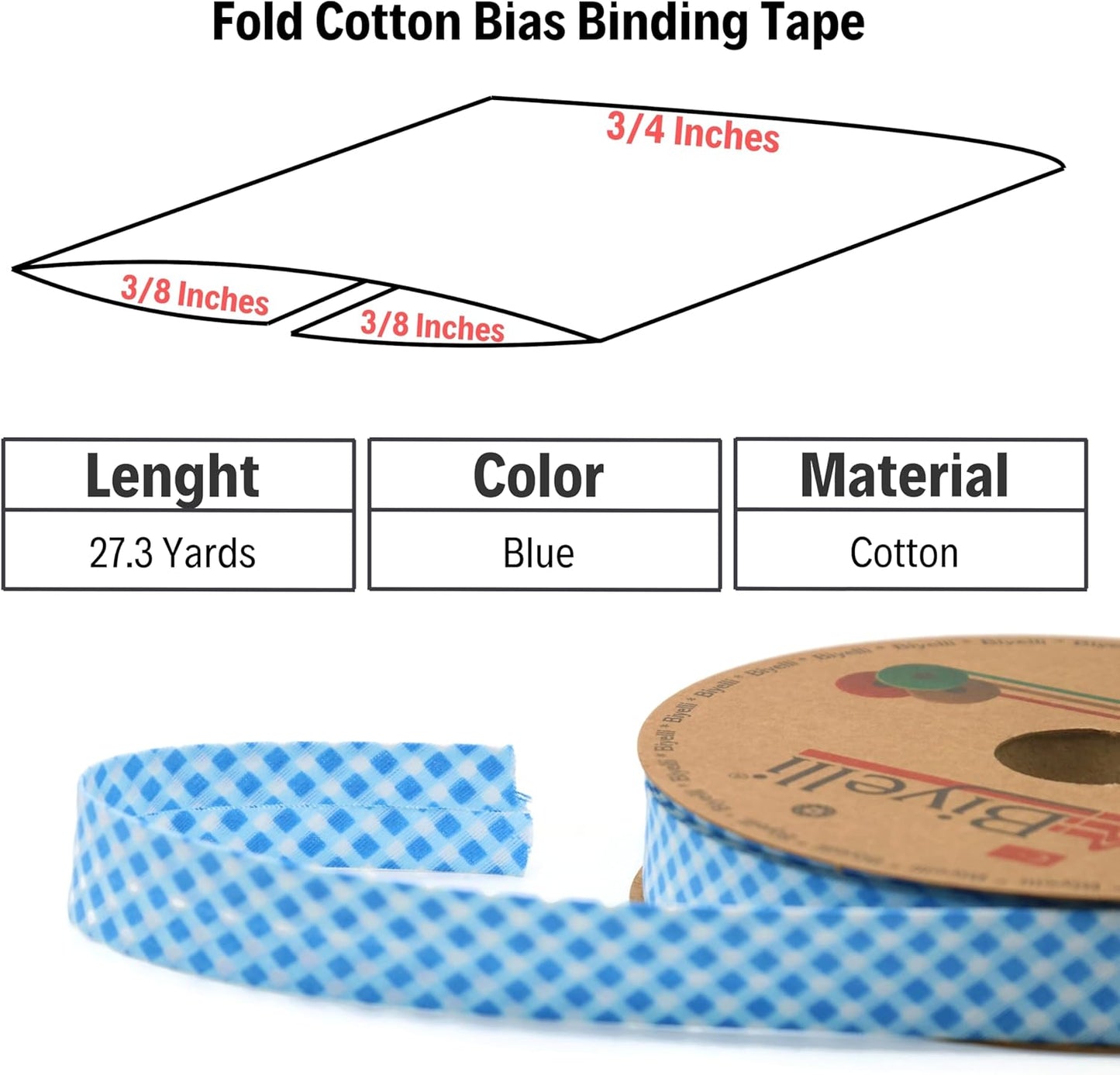 Cotton Fold Bias Binding Tape - 3/4 Inches (20mm) Wide - 27 Yards - Plaid Single Fold Cotton Fold Bias Binding Tape for Sewing Clothing DIY Blue E1