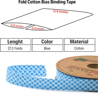 Cotton Fold Bias Binding Tape - 3/4 Inches (20mm) Wide - 27 Yards - Plaid Single Fold Cotton Fold Bias Binding Tape for Sewing Clothing DIY Blue E1