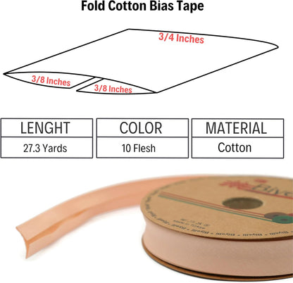 Cotton Fold Bias Tape - 3/4 Inches (20mm) Wide - 27 Yards - 65+ Colors - Single Fold Cotton Fold Bias Binding Tape for Sewing Clothing DIY (10. Flesh) D10