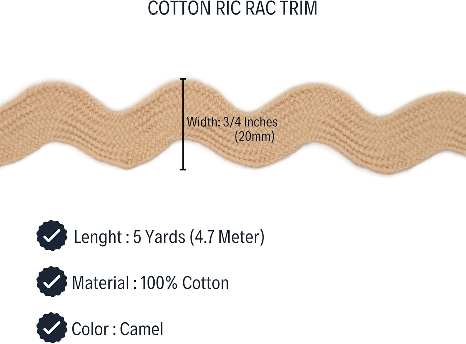 Cotton RIC Rac Trim - 3/4 Inch - 5 Yards - Wave Bending Fringe Lace Ribbon for Sewing Clothes, Gift Wrapping, Home Party Decoration CTR02125