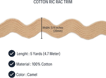 Cotton RIC Rac Trim - 3/4 Inch - 5 Yards - Wave Bending Fringe Lace Ribbon for Sewing Clothes, Gift Wrapping, Home Party Decoration CTR02125