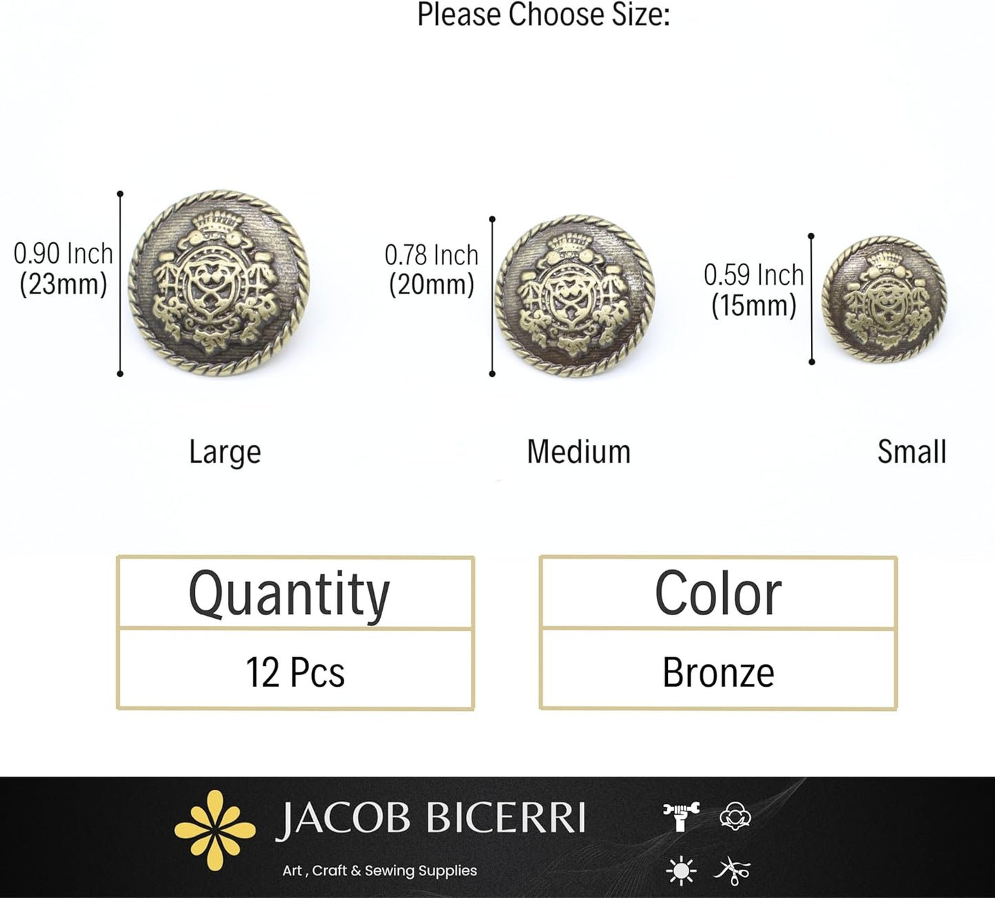 Crown Bronze Metal Shank Buttons - 12 Pcs - 3 Size Options - Luxury Royal Metal Shank Buttons for Men Women Blazer Coat Uniform Shirt Suit and Jacket Sewing Craft DIY N15003