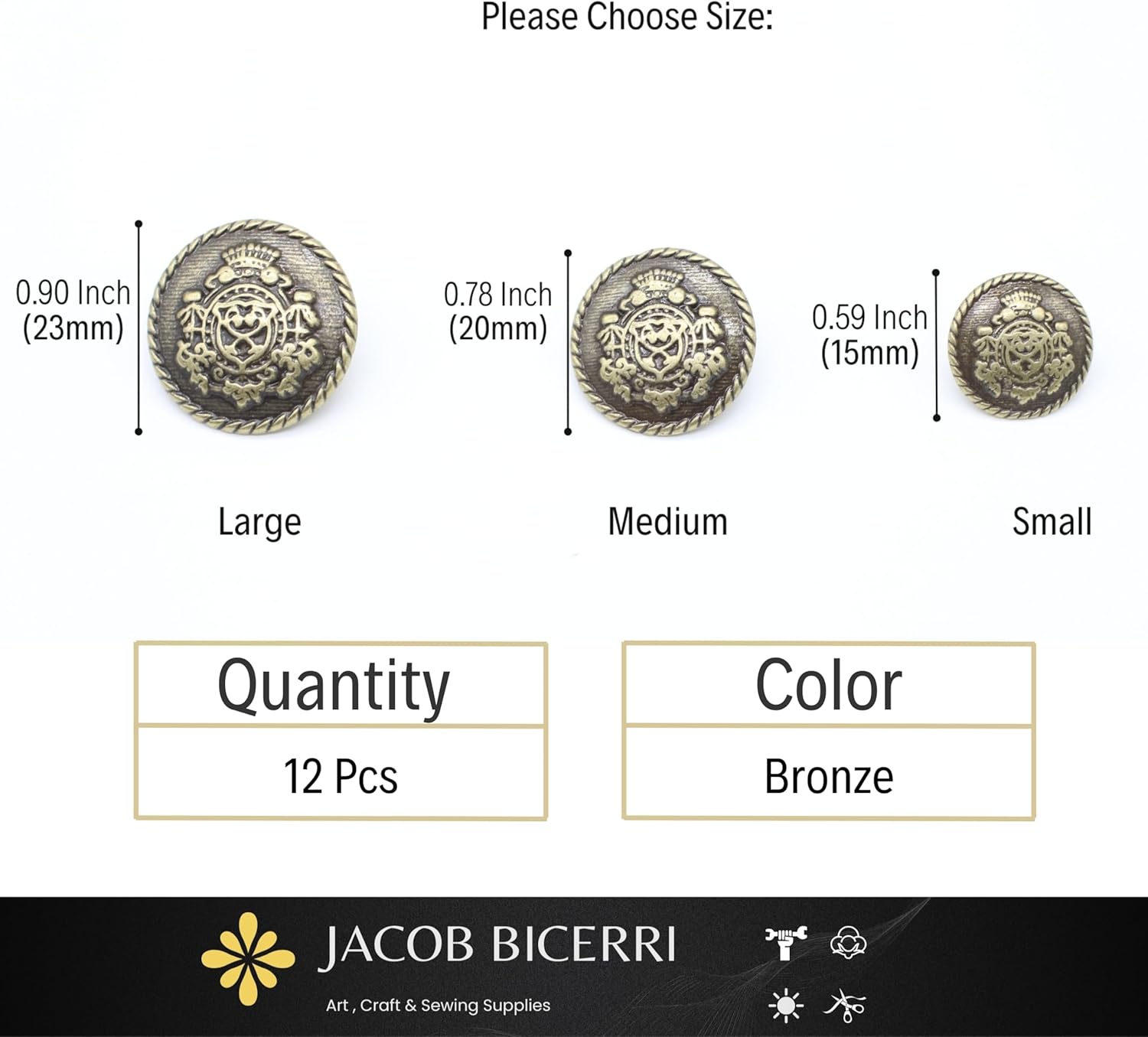 Crown Bronze Metal Shank Buttons - 12 Pcs - 3 Size Options - Luxury Royal Metal Shank Buttons for Men Women Blazer Coat Uniform Shirt Suit and Jacket Sewing Craft DIY N15003