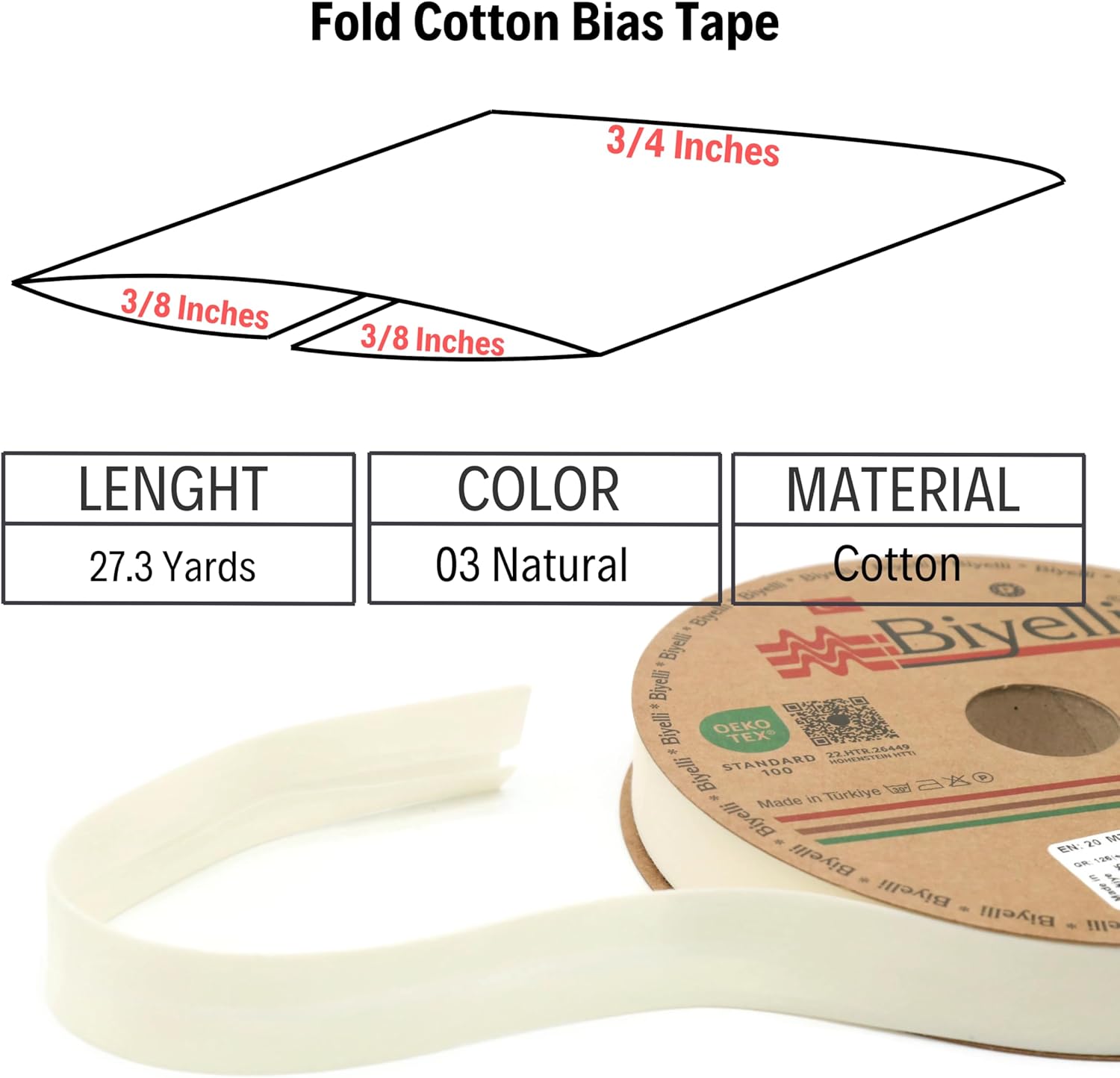 Cotton Fold Bias Binding Tape - 3/4 Inches (20mm) Wide - 27 Yards - 65+ Colors - Single Fold Cotton Fold Bias Binding Tape for Sewing Clothing DIY (03. Natural) D03