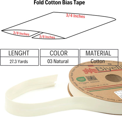 Cotton Fold Bias Binding Tape - 3/4 Inches (20mm) Wide - 27 Yards - 65+ Colors - Single Fold Cotton Fold Bias Binding Tape for Sewing Clothing DIY (03. Natural) D03