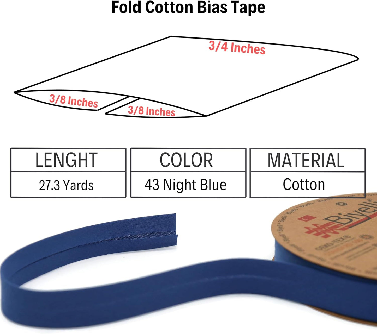 Cotton Fold Bias Tape - 3/4 Inches (20mm) Wide - 27 Yards - 65+ Colors - Single Fold Cotton Fold Bias Binding Tape for Sewing Clothing DIY (43. Night Blue) D43