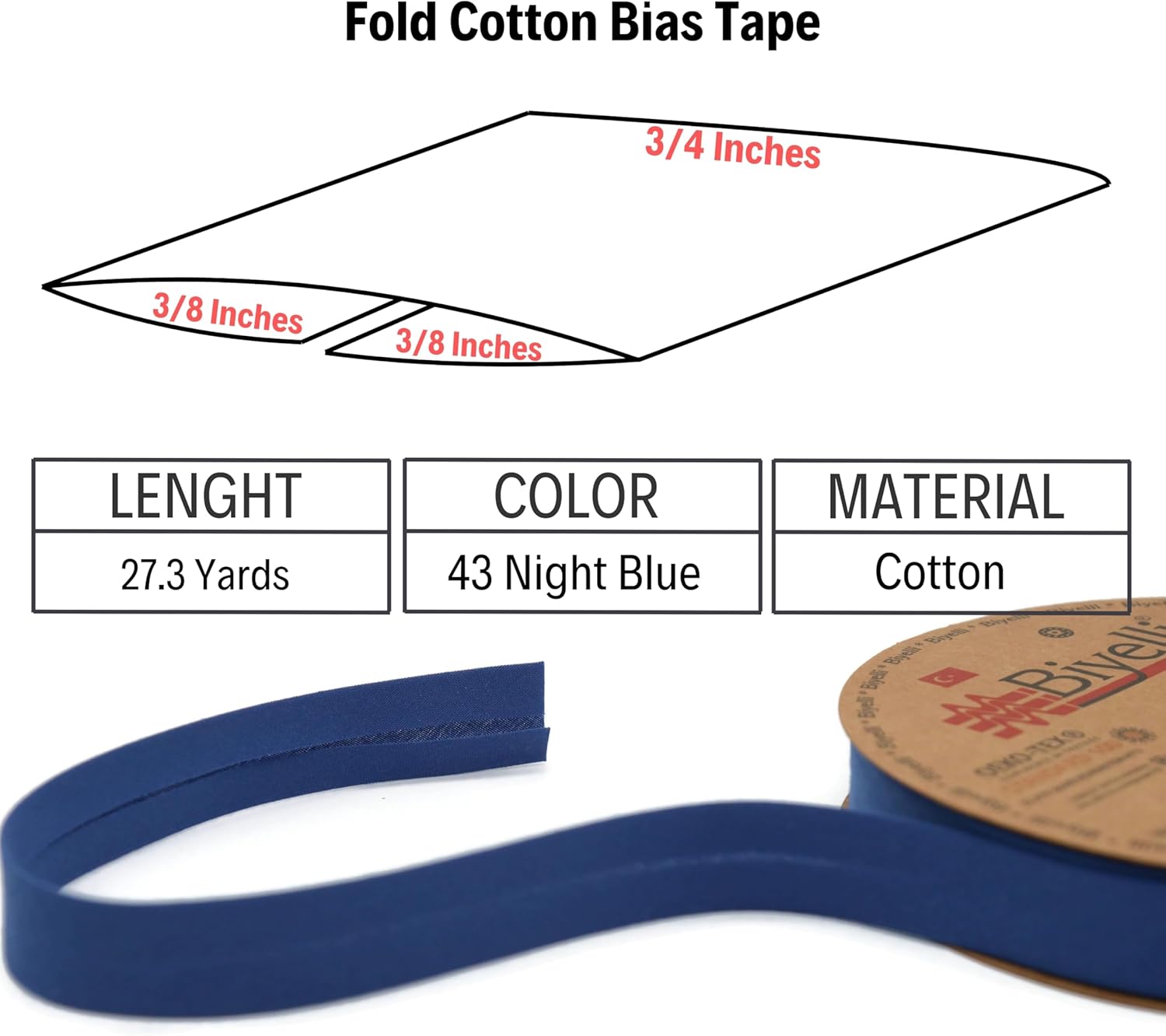 Cotton Fold Bias Tape - 3/4 Inches (20mm) Wide - 27 Yards - 65+ Colors - Single Fold Cotton Fold Bias Binding Tape for Sewing Clothing DIY (43. Night Blue) D43