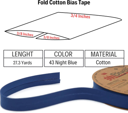 Cotton Fold Bias Tape - 3/4 Inches (20mm) Wide - 27 Yards - 65+ Colors - Single Fold Cotton Fold Bias Binding Tape for Sewing Clothing DIY (43. Night Blue) D43