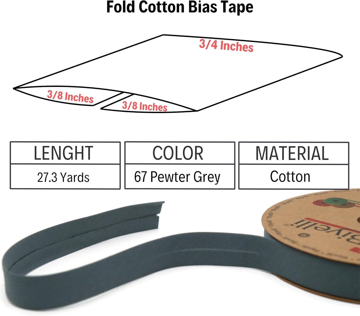 Cotton Fold Bias Tape - 3/4 Inches (20mm) Wide - 27 Yards - 65+ Colors - Single Fold Cotton Fold Bias Binding Tape for Sewing Clothing DIY (67. Pewter Gray) D67