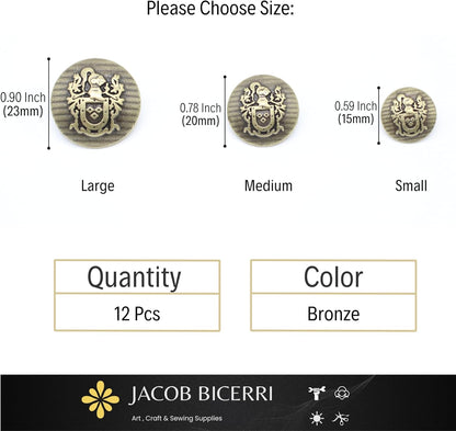 Bronze Metal Shank Buttons - 12 Pcs - 3 Size Options - The Knight of Kingdom Round Metal Shank Buttons for Men Women Blazer Coat Uniform Shirt Suit and Jacket Sewing Craft DIY N17603