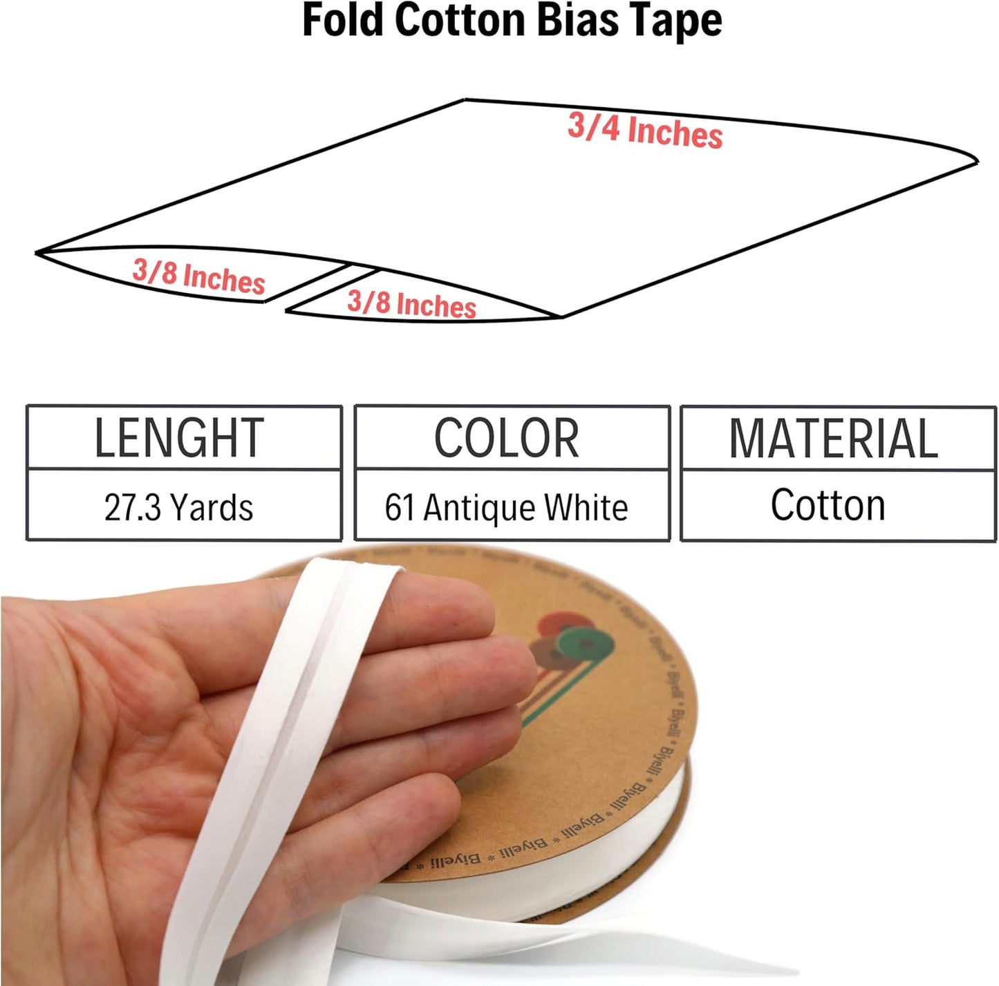 Cotton Fold Bias Tape - 3/4 Inches (20mm) Wide - 27 Yards - 65+ Colors - Single Fold Cotton Fold Bias Binding Tape for Sewing Clothing DIY (61. Antique White) D61