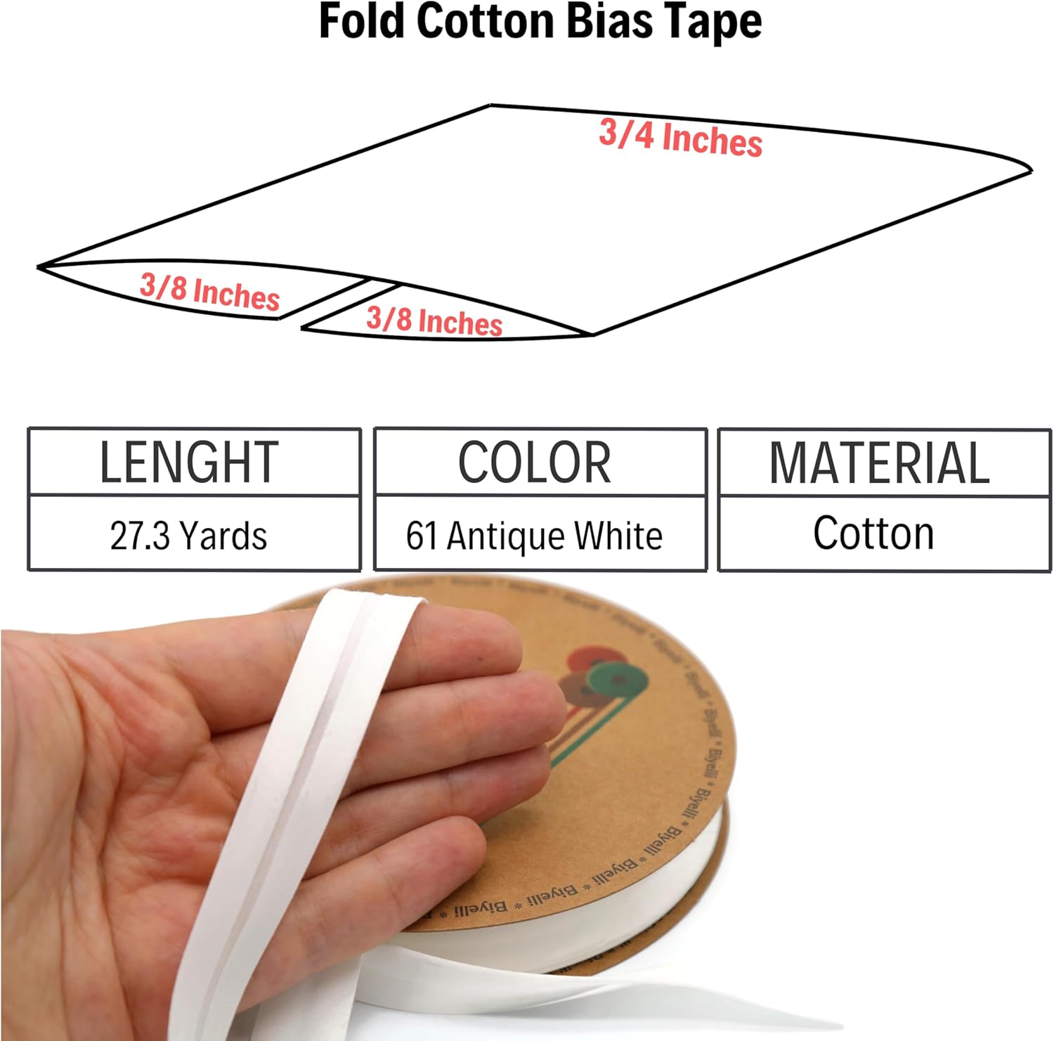 Cotton Fold Bias Tape - 3/4 Inches (20mm) Wide - 27 Yards - 65+ Colors - Single Fold Cotton Fold Bias Binding Tape for Sewing Clothing DIY (61. Antique White) D61