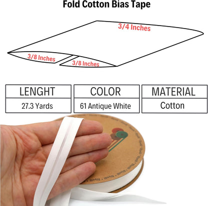Cotton Fold Bias Tape - 3/4 Inches (20mm) Wide - 27 Yards - 65+ Colors - Single Fold Cotton Fold Bias Binding Tape for Sewing Clothing DIY (61. Antique White) D61