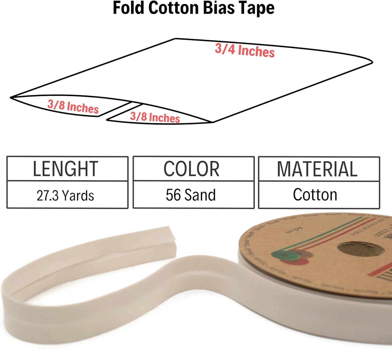 Cotton Fold Bias Tape - 3/4 Inches (20mm) Wide - 27 Yards - 65+ Colors - Single Fold Cotton Fold Bias Binding Tape for Sewing Clothing DIY (56. Sand) D56