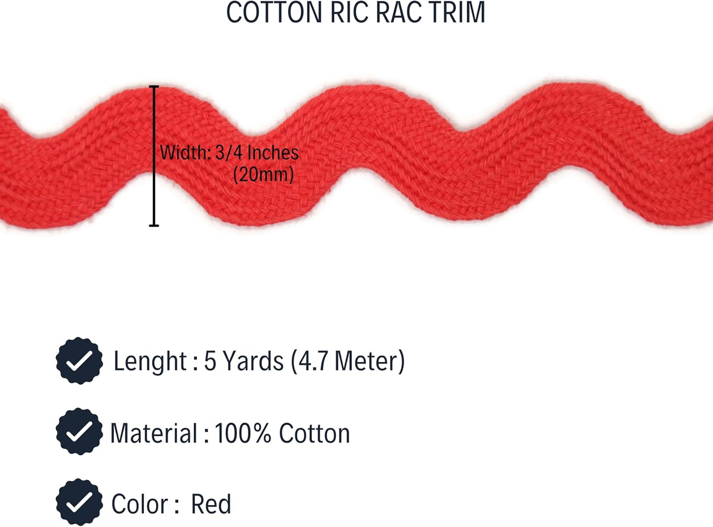 Cotton RIC Rac Trim - 3/4 Inch - 5 Yards - Red Wave Bending Fringe Lace Ribbon for Sewing Clothes, Gift Wrapping, Home Party Decoration CTR02085