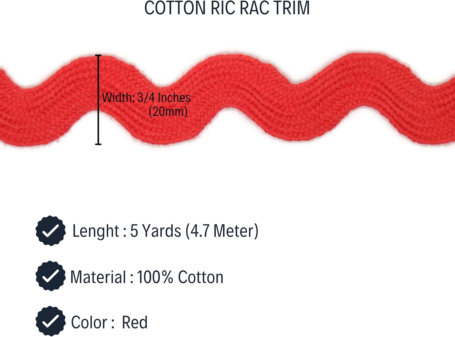 Cotton RIC Rac Trim - 3/4 Inch - 5 Yards - Red Wave Bending Fringe Lace Ribbon for Sewing Clothes, Gift Wrapping, Home Party Decoration CTR02085