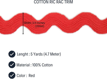 Cotton RIC Rac Trim - 3/4 Inch - 5 Yards - Red Wave Bending Fringe Lace Ribbon for Sewing Clothes, Gift Wrapping, Home Party Decoration CTR02085