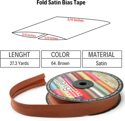 Fold Satin Bias Tape - 99+ Colors - 3/4 Inches Wide - 27 Yards - Fold Satin Binding Bias Ribbon Fabric Piping Bias Binding Tape for Sewing Clothing DIY (64. Brown) BYS64