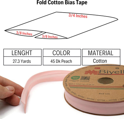 Cotton Fold Bias Tape - 3/4 Inches (20mm) Wide - 27 Yards - 65+ Colors - Single Fold Cotton Fold Bias Binding Tape for Sewing Clothing DIY (45. Dk Peach) D45