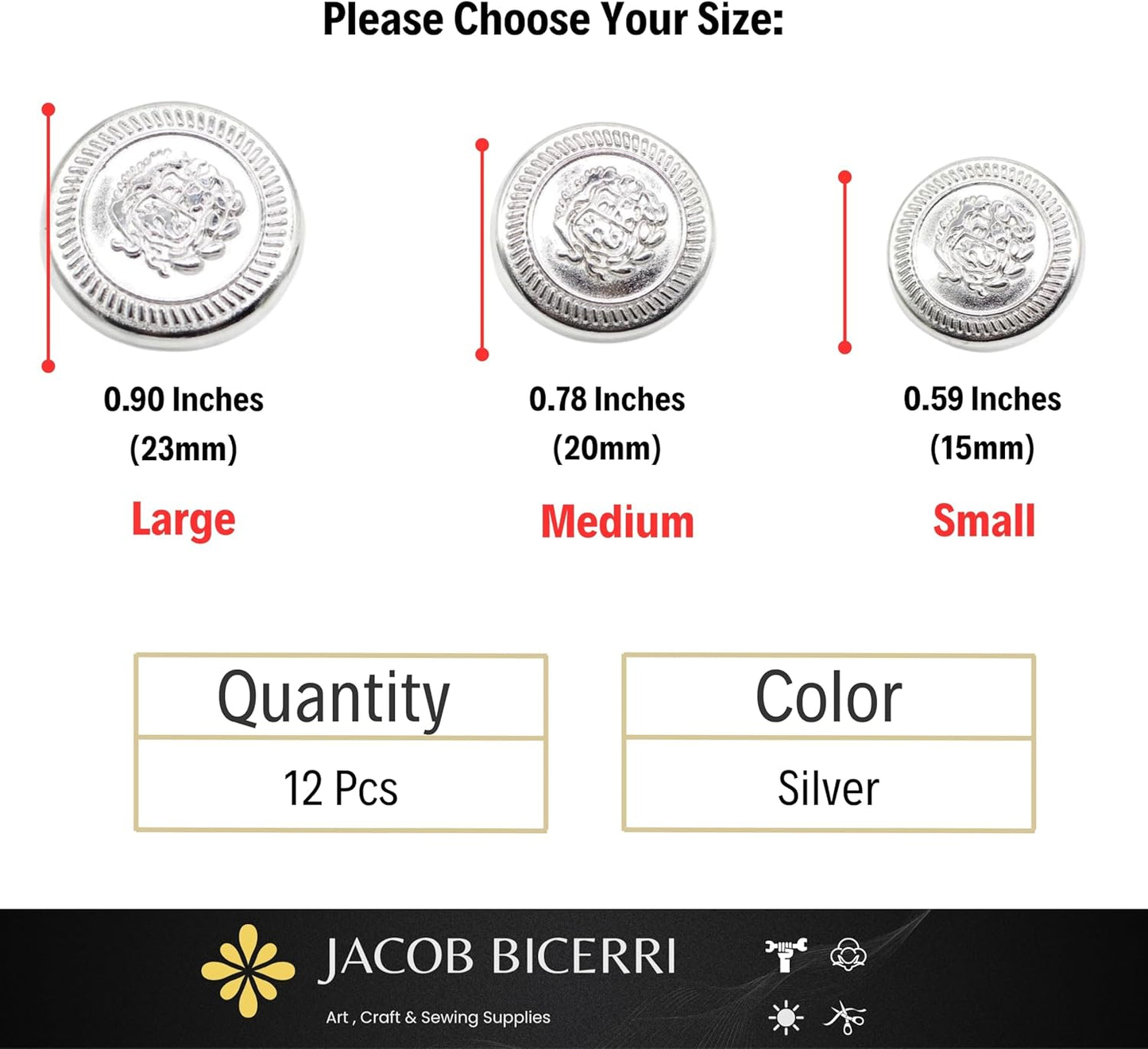 Silver Metal Shank Buttons - 12 Pcs - 3 Size Options - The Kingdom Round Metal Shank Buttons for Men Women Blazer Coat Uniform Shirt Suit and Jacket Sewing Craft DIY N7101