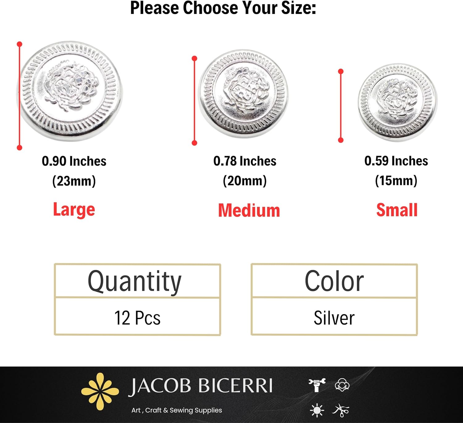 Silver Metal Shank Buttons - 12 Pcs - 3 Size Options - The Kingdom Round Metal Shank Buttons for Men Women Blazer Coat Uniform Shirt Suit and Jacket Sewing Craft DIY N7101