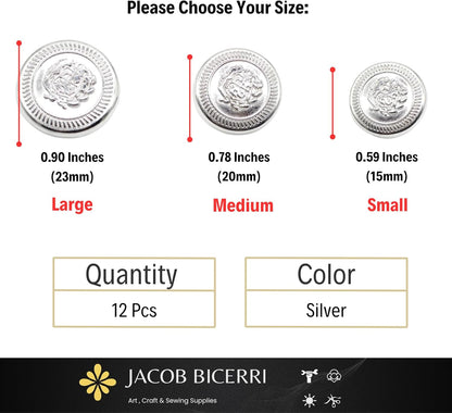 Silver Metal Shank Buttons - 12 Pcs - 3 Size Options - The Kingdom Round Metal Shank Buttons for Men Women Blazer Coat Uniform Shirt Suit and Jacket Sewing Craft DIY N7101