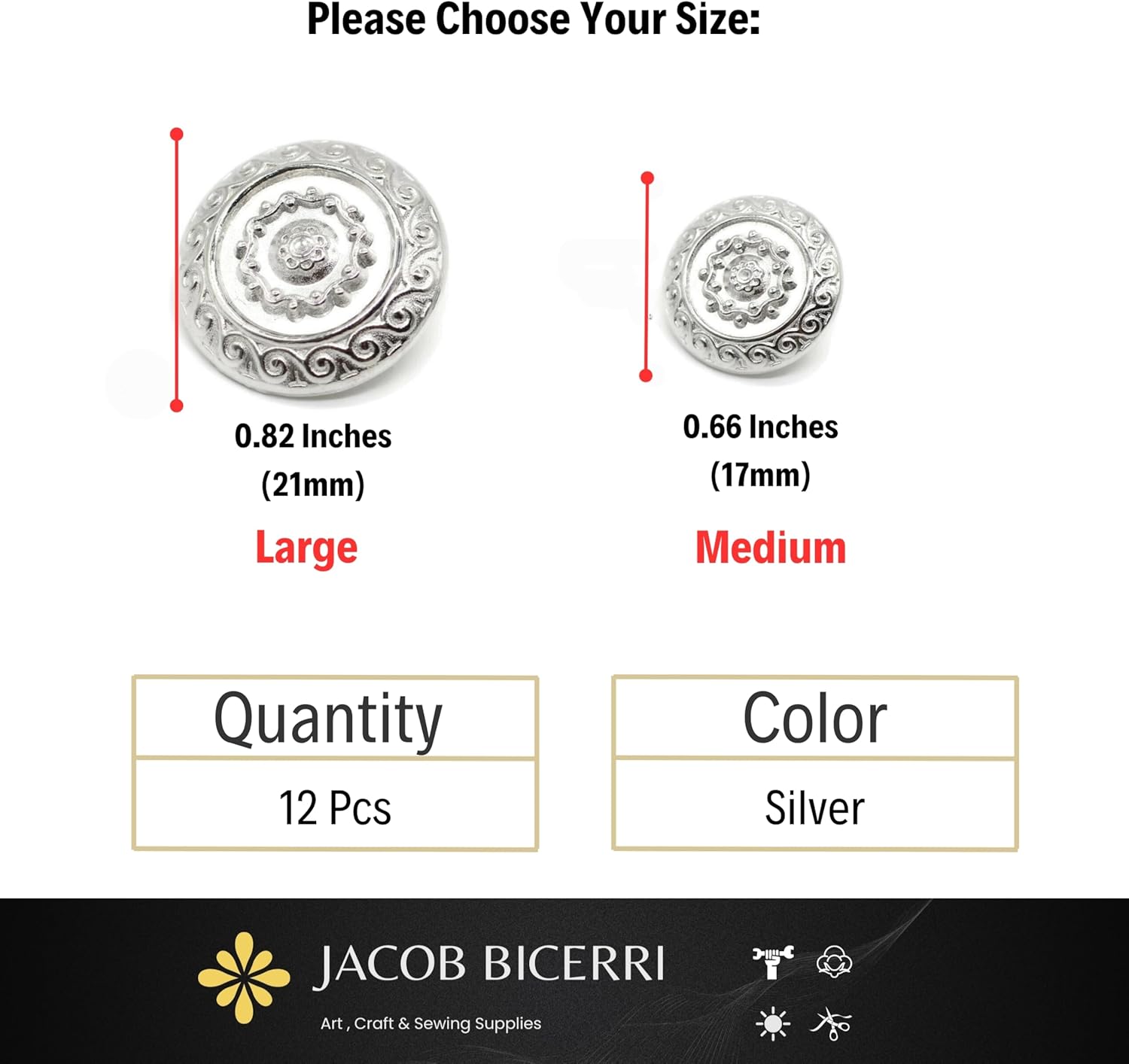 Silver Metal Shank Buttons - 12 Pcs - 2 Size Options - Luxury Floral Round Wave Metal Shank Buttons for Men Women Blazer Coat Uniform Shirt Suit and Jacket Sewing Craft DIY N9702